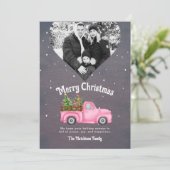 ヴィンテージピンクレッドトラックのクリスマスツリーハート写真 シーズンカード (スタンド正面)