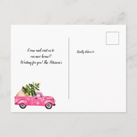 ヴィンテージピンクレッドトラッククリスマスツリー移動 案内ポストカード (裏面)