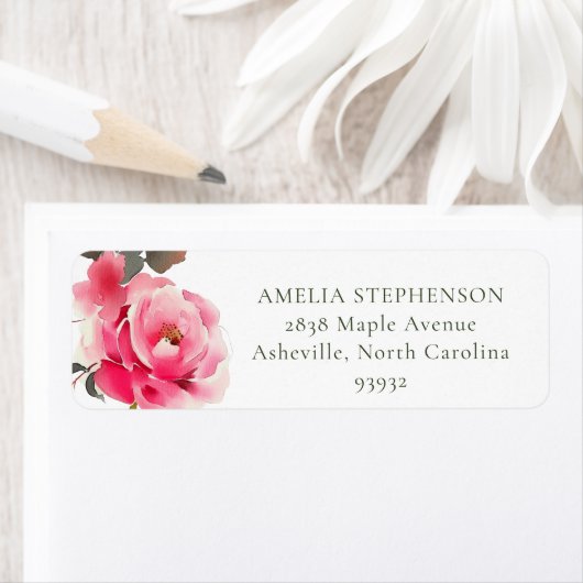 ヴィンテージピンクレッドローズウォーターカラー差出人住所 ラベル (インサイチュ)