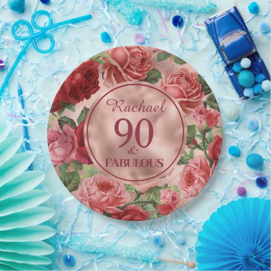 ヴィンテージピンクレッドローズ90アンドファブラス紙プレート ペーパープレート (パーティー)