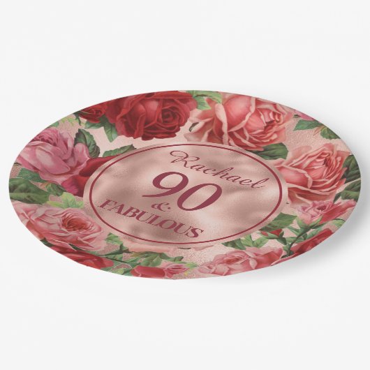 ヴィンテージピンクレッドローズ90アンドファブラス紙プレート ペーパープレート (アングル)