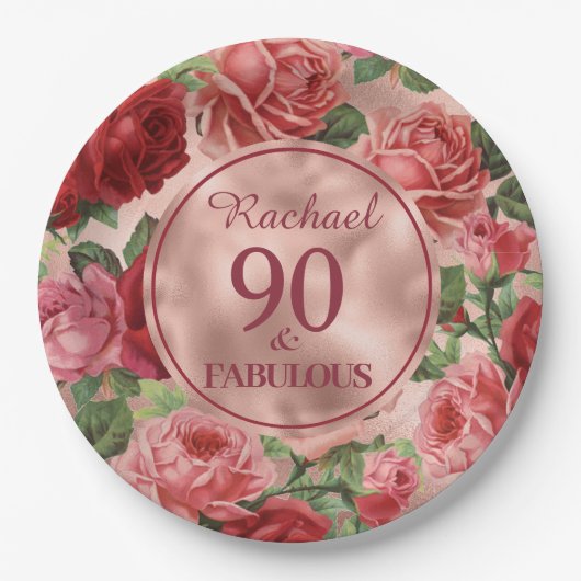 ヴィンテージピンクレッドローズ90アンドファブラス紙プレート ペーパープレート (正面)