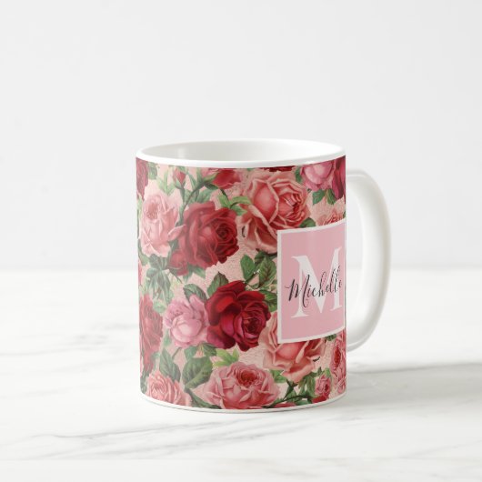 ヴィンテージピンクレッドローゼズフローラモノグラム コーヒーマグカップ (正面右)
