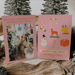 ヴィンテージピンクレッド図解入りの、写真付きのクリスマスレトロおもしろい シーズンカード