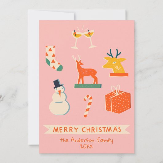 ヴィンテージピンクレッド図解入りの、写真付きのクリスマスレトロおもしろい シーズンカード (正面)