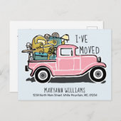 ヴィンテージピンクレトロトラックムービングブルー 案内ポストカード (正面/裏面)