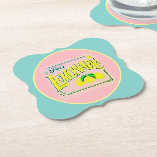 ヴィンテージピンクレモネードのレモンフルーツサマーパップ ペーパーコースター (アングル)