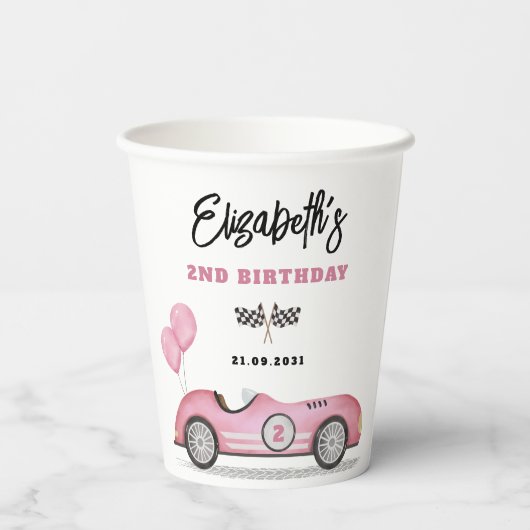 ヴィンテージピンクレースカー2速ガールバースデーパーティー 紙コップ (裏面)