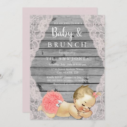ヴィンテージピンクレースグ素朴レーベビー&ブランチ招待状 招待状 (正面/裏面)