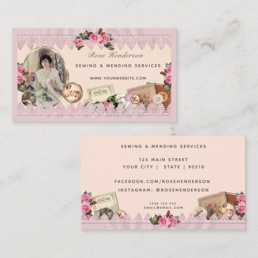 ヴィンテージピンクレース裁縫テーマ名刺 名刺 (正面/裏面)