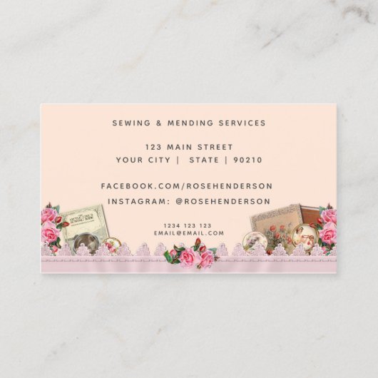 ヴィンテージピンクレース裁縫テーマ名刺 名刺 (裏面)