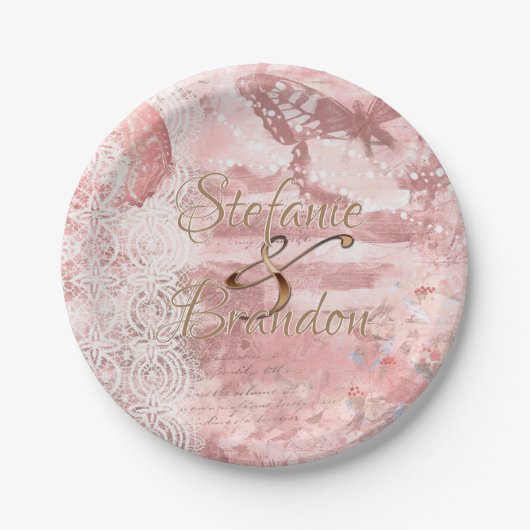 ヴィンテージピンクレース（蝶） ペーパープレート (正面)