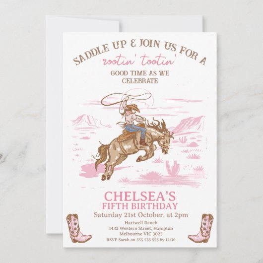 ヴィンテージピンクロデオ女性のカーボーイ任意の年齢誕生日 招待状 (正面)