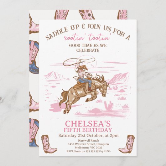 ヴィンテージピンクロデオ女性のカーボーイ任意の年齢誕生日 招待状 (正面/裏面)