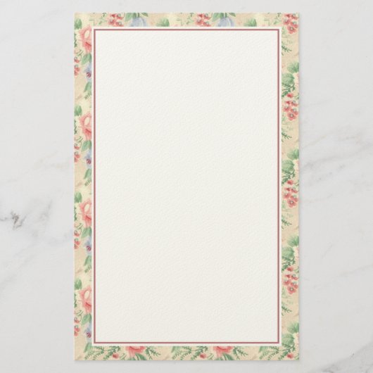 ヴィンテージピンクローズとブルーフラワーパターン 便箋 (正面)