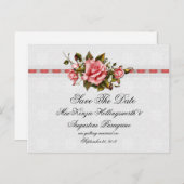 ヴィンテージピンクローズアンドダマスクプリント日付を保存 案内ポストカード (正面/裏面)