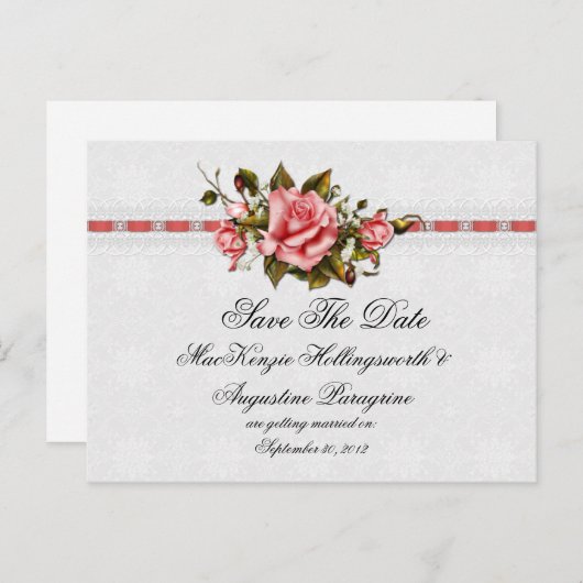 ヴィンテージピンクローズアンドダマスクプリント日付を保存 案内ポストカード (正面/裏面)