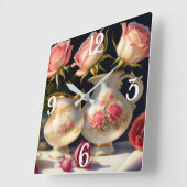 ヴィンテージピンクローズアンドティーポット スクエア壁時計 (傾斜)