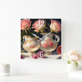 ヴィンテージピンクローズアンドティーポット スクエア壁時計 (ホーム)