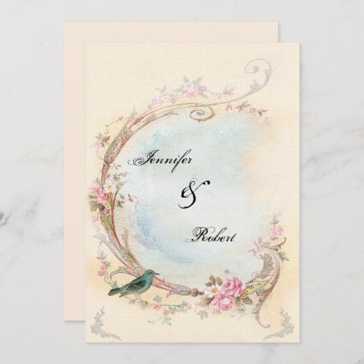 ヴィンテージピンクローズアンドロビン結婚式招待状 招待状 (正面/裏面)