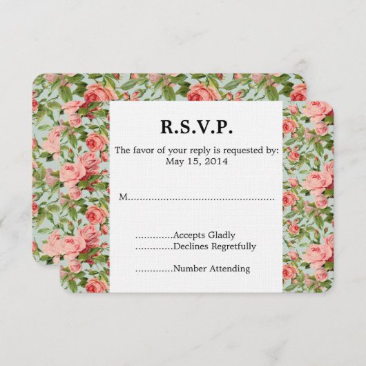 ヴィンテージピンクローズウェディングRSVP 出欠カード (正面/裏面)