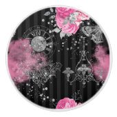 ヴィンテージピンクローズエレガントシルバーグリッター セラミックノブ (正面)