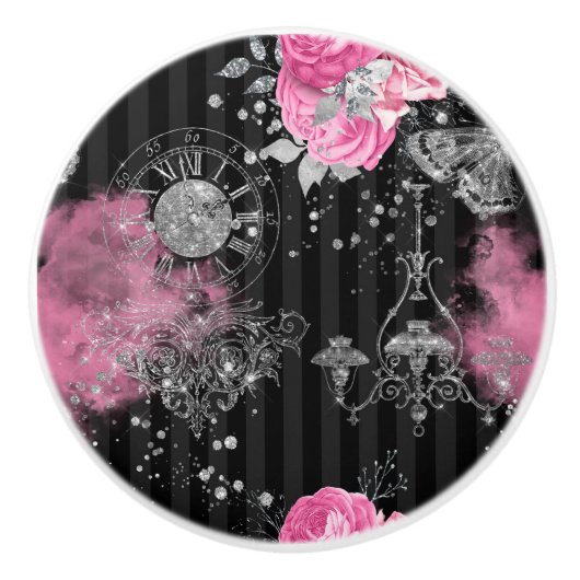 ヴィンテージピンクローズエレガントシルバーグリッター セラミックノブ (正面)