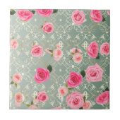 ヴィンテージピンクローズオン金ゴールドティール（緑がかった色）ダマスクパターン タイル (正面)