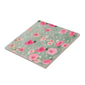 ヴィンテージピンクローズオン金ゴールドティール（緑がかった色）ダマスクパターン タイル (側面)