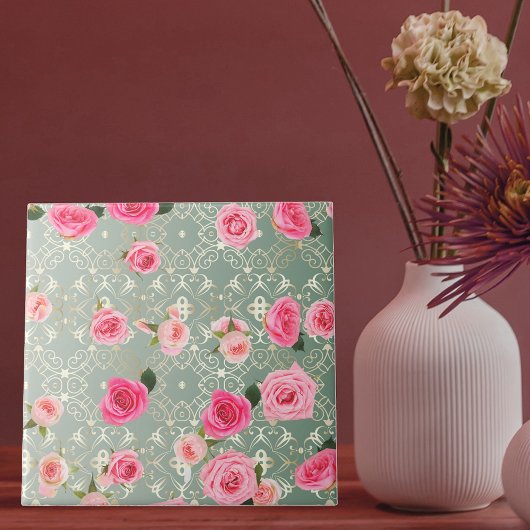 ヴィンテージピンクローズオン金ゴールドティール（緑がかった色）ダマスクパターン タイル