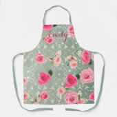 ヴィンテージピンクローズオン金ゴールドティール（緑がかった色）ダマスク名前をカスタムする エプロン (正面)