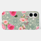 ヴィンテージピンクローズオン金ゴールドティール（緑がかった色）ダマスク名前をカスタムする Case-Mate iPhoneケース (裏面 (横))