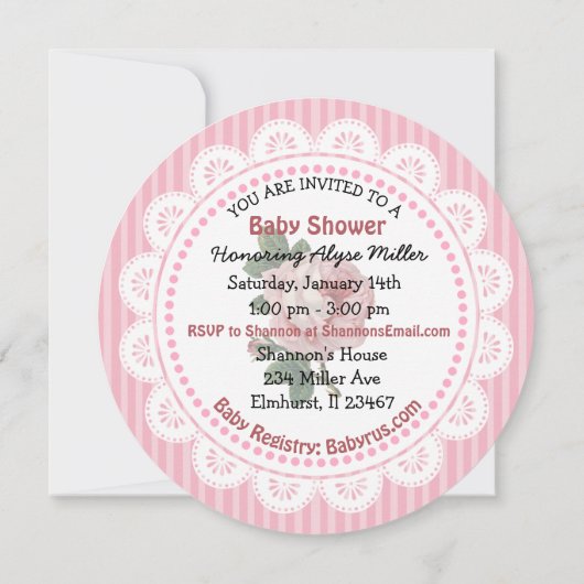 ヴィンテージピンクローズガールベビーシャワー招待状 招待状 (裏面)