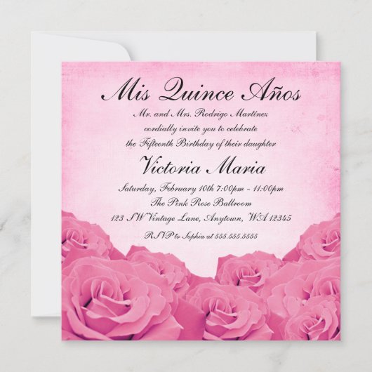 ヴィンテージピンクローズキンセアニェラ誕生日パーティー 招待状 (正面)