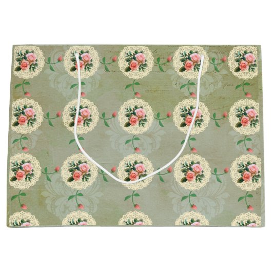 ヴィンテージピンクローズグリーンアレーダマスク ラージペーパーバッグ (正面)