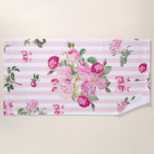 ヴィンテージピンクローズコケットボウストライプズ ビーチタオル (正面)