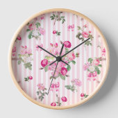 ヴィンテージピンクローズコケットボウストライプズ 壁時計 (正面)