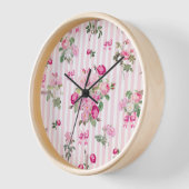 ヴィンテージピンクローズコケットボウストライプズ 壁時計 (傾斜)