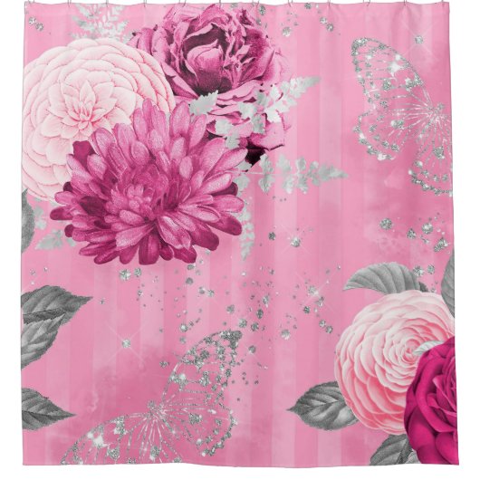 ヴィンテージピンクローズシルバーグリッターバタフライ シャワーカーテン (正面)