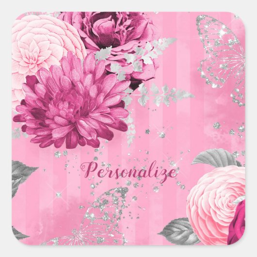 ヴィンテージピンクローズシルバーグリッターバタフライ スクエアシール (正面)