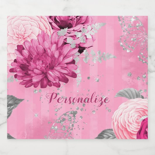 ヴィンテージピンクローズシルバーグリッターバタフライ スパークリングワインラベル (シングルラベル)