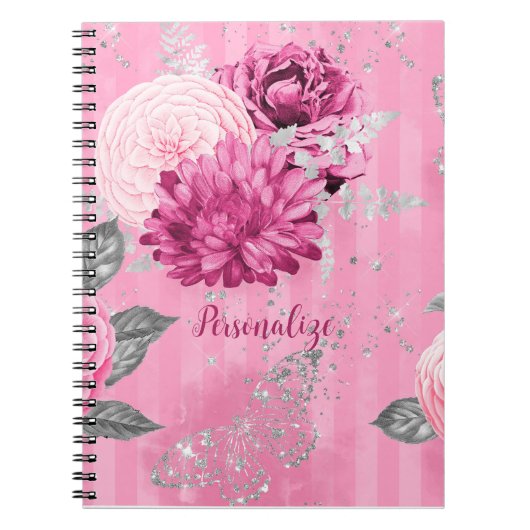 ヴィンテージピンクローズシルバーグリッターバタフライ ノートブック (正面)