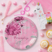 ヴィンテージピンクローズシルバーグリッターバタフライ ペーパープレート (パーティー)