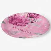 ヴィンテージピンクローズシルバーグリッターバタフライ ペーパープレート (アングル)