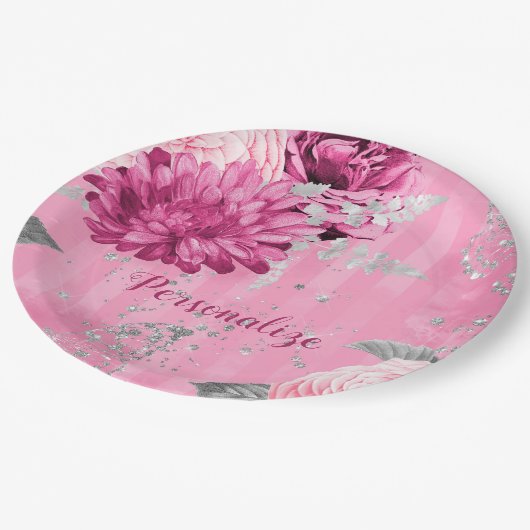 ヴィンテージピンクローズシルバーグリッターバタフライ ペーパープレート (アングル)