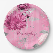 ヴィンテージピンクローズシルバーグリッターバタフライ ペーパープレート (正面)