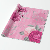 ヴィンテージピンクローズシルバーグリッター蝶 ラッピングペーパー (アンロールド)