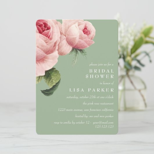 ヴィンテージピンクローズセージブライダルシャワー結婚ズ 招待状 (スタンド正面)