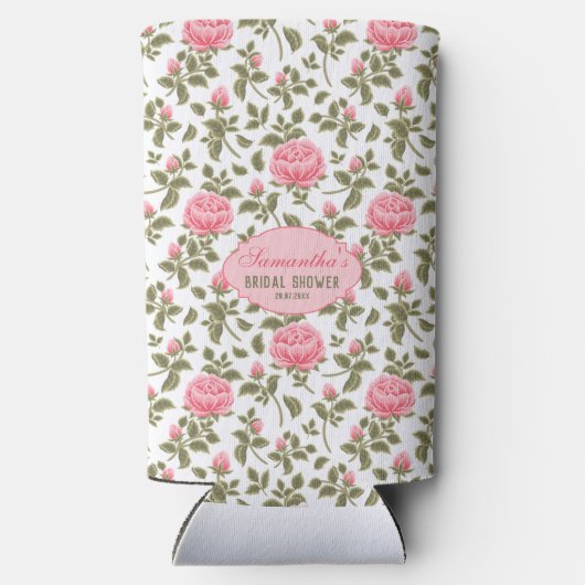 ヴィンテージピンクローズパーソナライズされたブライダルシャワー スリム缶クーラー (裏面)