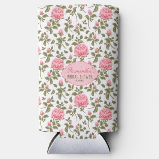 ヴィンテージピンクローズパーソナライズされたブライダルシャワー スリム缶クーラー (正面)